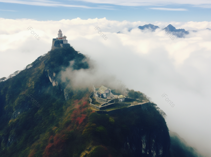 蓝色天空寺庙云海山峰风景图,高清,摄影图,摄影图片,图片大全,摄影图免费下载